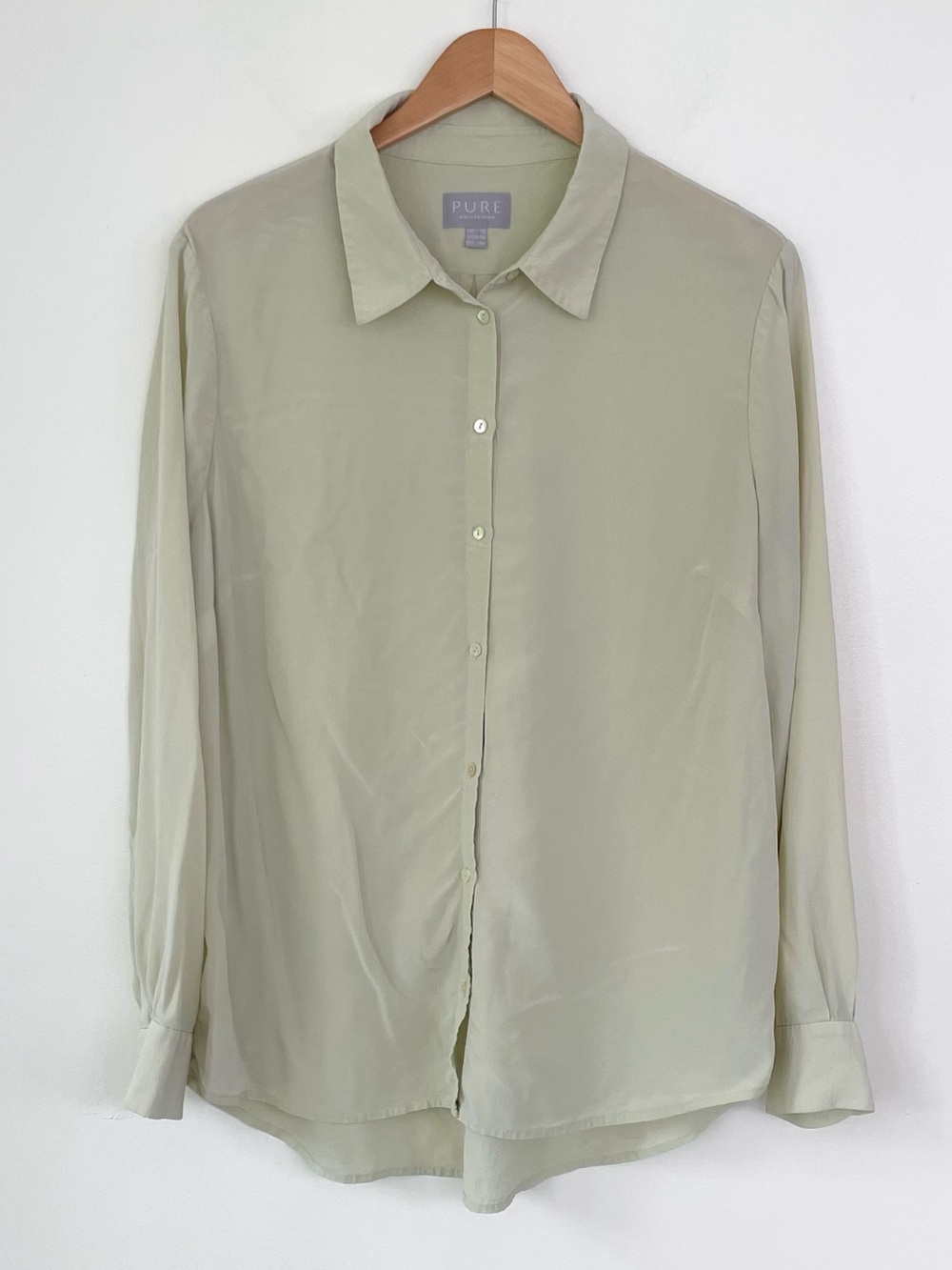Pure Collection Pure Washed Silk Shirt in Sage Green Sz 14/16 Long Sleeve Luxury